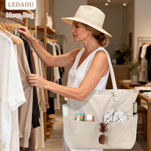 LEDAOU Beach Bag Waterproof Sandproof Women Beach Tote Pool Bag with Zipper for Swim Gym Grocery Travel with Wet Pocket | Sandproof - color: Brown Wwhite Stripes