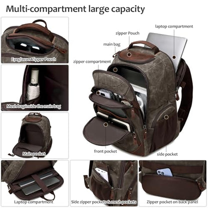 Travel Laptop Backpack 17.3 inch XL Computer Backpack for Men Waxed Canvas College Daypack Business Backpack Green - color: Green