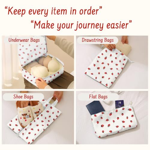 9 Set Packing Cubes for Travel Essentials - Lightweight Carry-On Luggage Organizer Bags with Shoe, Clothes & Laundry Bags for Airplane, Family & Business Travel, Beige strawberry - color: Beige strawberry