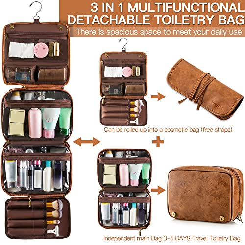 Elviros Hanging Toiletry Bag for Men Travel Essentials 3-in-1 Large Waterproof Dopp Kit PU Leather Shaving Bag with Separate Compartments for Grooming and Toiletries Mens Gift - color: Brown