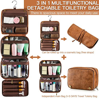 Elviros Hanging Toiletry Bag for Men Travel Essentials 3-in-1 Large Waterproof Dopp Kit PU Leather Shaving Bag with Separate Compartments for Grooming and Toiletries Mens Gift - color: Brown