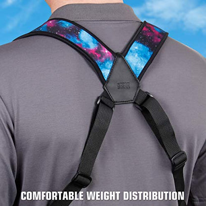 USA Gear DSLR Camera Strap Chest Harness with Quick Release Buckles, Galaxy Neoprene Pattern and Accessory Pockets - Compatible with Canon, Nikon, Sony and More Point and Shoot and Mirrorless Cameras - color: Galaxy