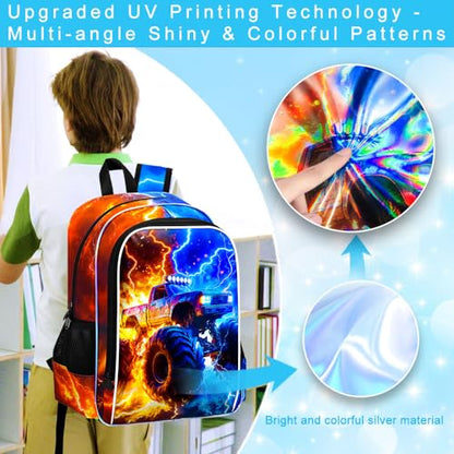 AGSDON 3PCS Truck Backpack for Boys, 17" Kids Bookbag with Lunch Box for Boy, Flame Thunder Backpacks Water Resistant and Lightweight for Teen - color: Truck