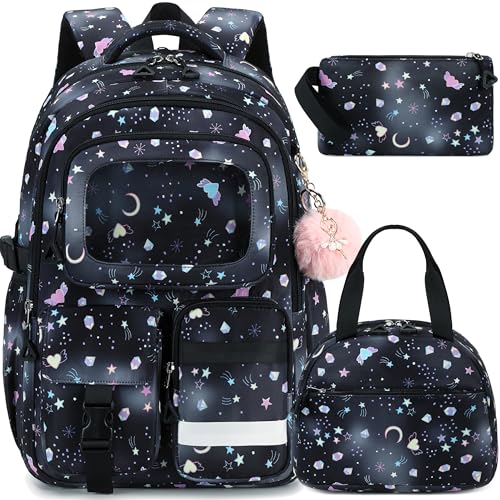 AO ALI VICTORY Backpack for Girls with Lunch Bag Pencil Case Kids School Bags for Kindergarten Elementary Middle Primary Schoolbag Cute 16 inch Laptop Bookbag Students 3 PCS Cute Bookbag, Black Set - color: Black Set