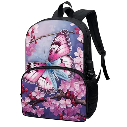 Talayituse Butterfly Cherry Blossom Print Backpacks for Teenager Girls Large Capacity School Bag 17 Inch Bookbag Daypack Lightweight Shoulder Packs with Side Pockets for Outdoor Hiking - color: Butterfly Cherry Blossom