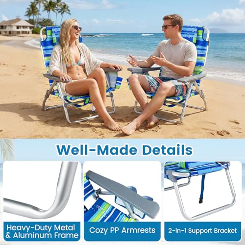 COSTWAY Portable Folding Backpack Beach Chairs Set of 2 with 5-Position Backrest, Padded Headrest, Cup Holder & Ice Bag for Lawn, Poolside (Blue Stripe) - color: Blue Stripe