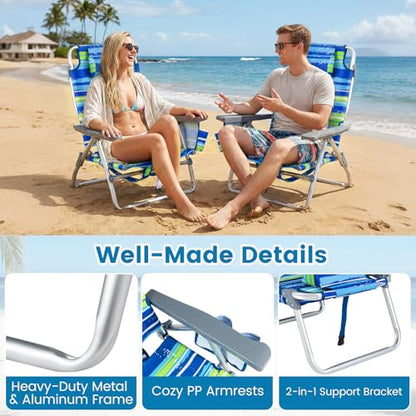 COSTWAY Portable Folding Backpack Beach Chairs Set of 2 with 5-Position Backrest, Padded Headrest, Cup Holder & Ice Bag for Lawn, Poolside (Blue Stripe) - color: Blue Stripe