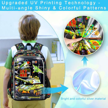 HPJGD 3PCS Tank Backpack for Kids, Water Resistant Boys Bookbag Set with Lunch Box, Cool School Bag for Elementary Preschool Toddler - Green Tank - color: Cool Uv Printed Mighty Tank Green
