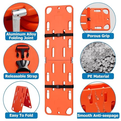Spine Board Stretcher, Portable Emergency Rescue Stretcher, Folding Plastic Stretcher, Patient Transport Medical Stretcher Fire Rescue Stretcher, for Hospitals/Clinics/Families/Sports Fields 4folds
