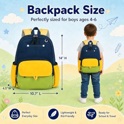 BTOOP Kids Backpack for Boys 3-6, Preschool Kindergarten Backpack with Insulated Lunch Compartment & Chest Strap, Cute Lightweight School Travel Bag Fits A4 Folder - color: Navy-blue, size: Age 3-6 (14.5" H Fit Folder)
