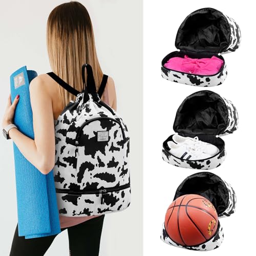 Kamo Drawstring Backpack Bag - Sport Swimming Yoga Backpack with Shoe Compartment, Two Water Bottle Holder for Men Women Large String Backpack Athletic Sackpack for Travel - color: Cow Print