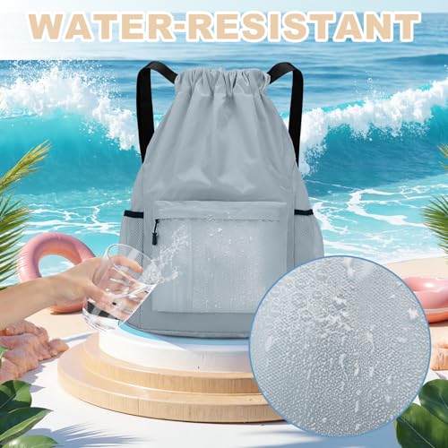 Tygelluis Drawstring Backpack, Waterproof Gym Bag with Water Bottle Pocket for Women Men, Pull String Sport Bag for Swim, Soccer and Basketball, Light Gray - color: Light Gray1