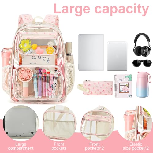 Bluboon Clear Backpack Heavy Duty Kids Boys Clear Bookbag See Through Backpacks with Pencil Case for College Work - color: Pink Bow 212-pink