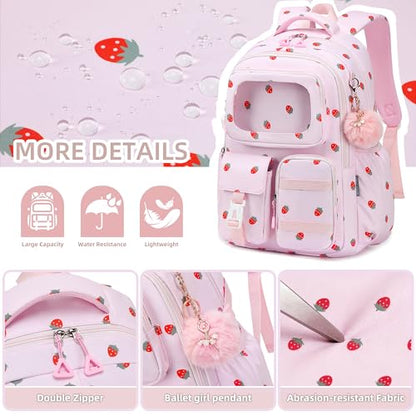 AO ALI VICTORY Backpack for Girls with Lunch Bag Kids School Bags for Elementary Middle School Students Cute Bookbag Set (strawberry set) - color: Strawberry Set