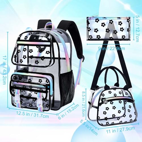 KLFVB Clear Bookbag Heavy Duty, 3PCS Girls See Through School Bag Set, Cute Transparent Backpack for Women - Plum Blossom Black - color: Plum Blossom Black Clear Backpack