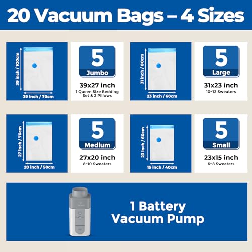 ETENWOLF Vacuum Storage Bags for Travel with Rechargeable Wireless Pump, Vacuum Seal Bags for Clothes and Travel, Space Saver Bags in Carry-On Sizes, Perfect for Luggage and Suitcases, 20 Combo - size: 20 Combo Size-E