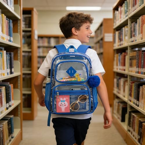 Heavy Duty Clear Backpack for Girls Boys Transparent School Bookbag Kids Durable PVC See Through Backpack-Royal Blue - color: Royal Blue