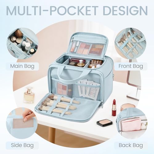 Wide Opening Toiletry Bag for Women,Travel Makeup Bag with Mesh Pocket,Cosmetic Travel Organizer with Wet Dry Separation,Toiletries Bag,Blue - color: Blue