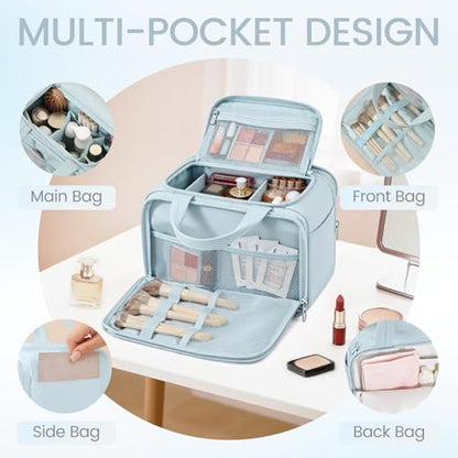 Wide Opening Toiletry Bag for Women,Travel Makeup Bag with Mesh Pocket,Cosmetic Travel Organizer with Wet Dry Separation,Toiletries Bag,Blue - color: Blue
