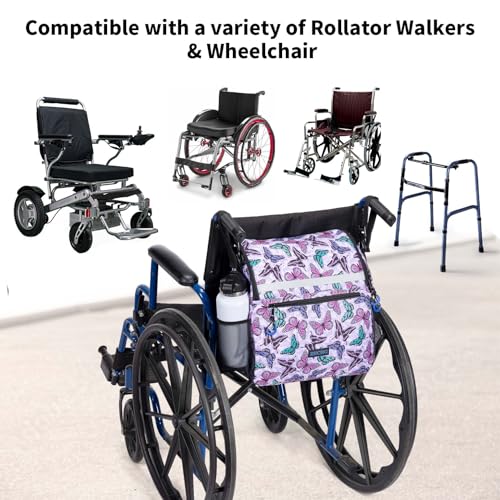 ZHCHG Wheelchair Bags, Wheelchair Backpack with Cup Holder, Wheelchair Bags to Hang on Back, Electric Wheel Chair Accessories, Large Storage Bag for Walker Rollator Purple Butterfly - style: Purple Butterfly