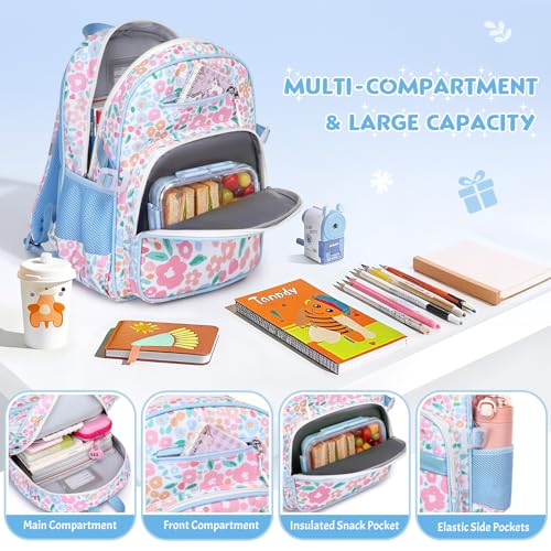 Toddler Backpack for Girls Ages 5-8, 3PCS Girls Backpack with Lunch Bag & Pencil Case - 15inch Kids School Bookbag for Preschool Kindergarten Elementary School (Flowers) - color: Flowers