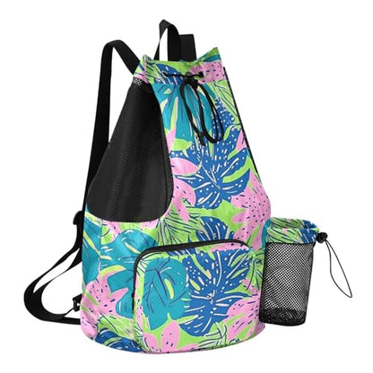 Drawstring Gym Sackpack With Pockets Drawstring Backpack For Swim with Wet Dry Compartments Tropical Colorful Leaves