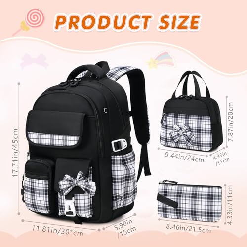 GeeWin School Backpack for Girls, Bookbags School Bag for Teen Girl Elementary Middle School Student, Cute Stylish Plaid Girls Backpack with Matching Insulated Lunch Bag & Pencil Bag(Black) - color: Black