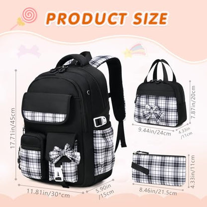 GeeWin School Backpack for Girls, Bookbags School Bag for Teen Girl Elementary Middle School Student, Cute Stylish Plaid Girls Backpack with Matching Insulated Lunch Bag & Pencil Bag(Black) - color: Black
