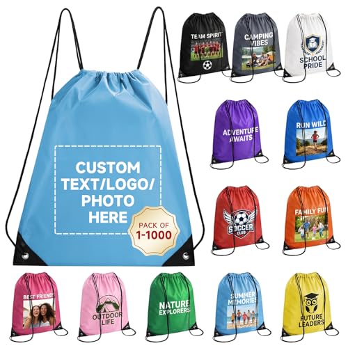 Custom Drawstring Bags With Logo, 2 Pcs Personalized Drawstring Backpacks Bulk String Bag for Travelling, Gym and for Everyday Use - color: Sky Blue