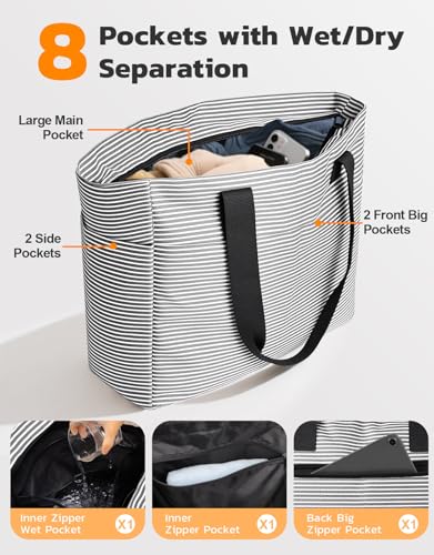 ISEYOU Beach Bag and Cooler Bag Set, 45L Waterproof XXL Foldable Tote with Zipper, 8 Pockets for Pool, Picnic, Travel - color: Black