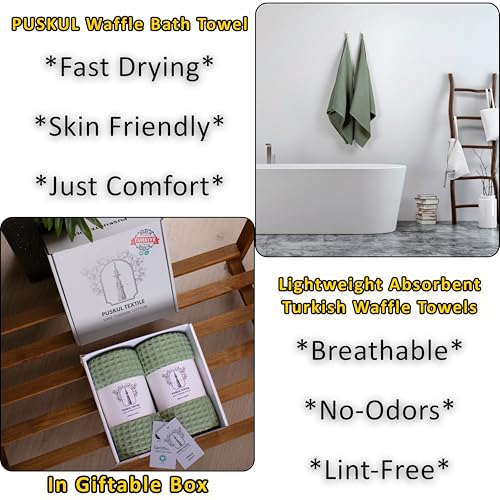 PÜSKÜL Natural 100% Turkish Cotton Waffle Bath Towels Set of 2-Piece | 32x63 inch Extra Large Absorbent Quick-Dry Lightweight Spa Towel | Luxury Sauna Accessories (Sage Green, Bath Towels - Pack of 2) - color: Sage Green