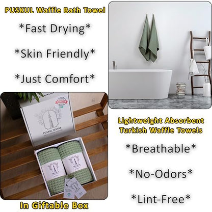 PÜSKÜL Natural 100% Turkish Cotton Waffle Bath Towels Set of 2-Piece | 32x63 inch Extra Large Absorbent Quick-Dry Lightweight Spa Towel | Luxury Sauna Accessories (Sage Green, Bath Towels - Pack of 2) - color: Sage Green