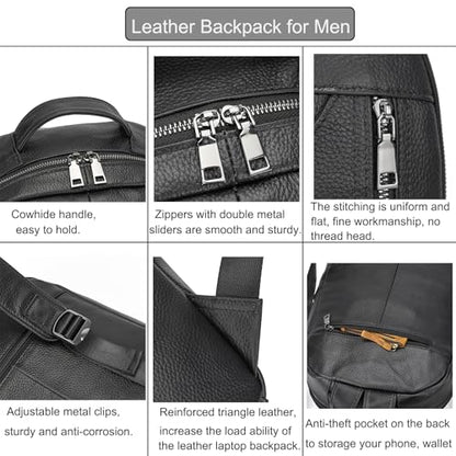 LUUFAN Genuine Leather Backpack for Men, Casual Shoulder Bag Multi Pockets Daypack 15.6 Inch Laptop Bag for Travel Business Outdoor - color: 8016-black