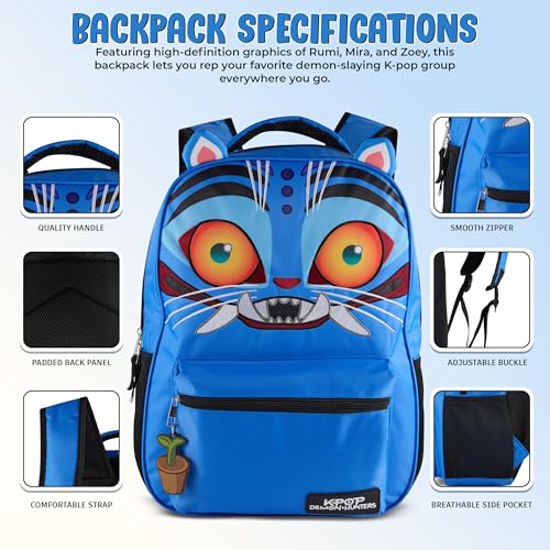 AI ACCESSORY INNOVATIONS K-Pop Demon Hunters 16” Backpack for Girls, Featuring a Big Face Derby with 3D Ears and Embroidery, Rubber Molded Bag Charm, Derby - style: Big Face Derby