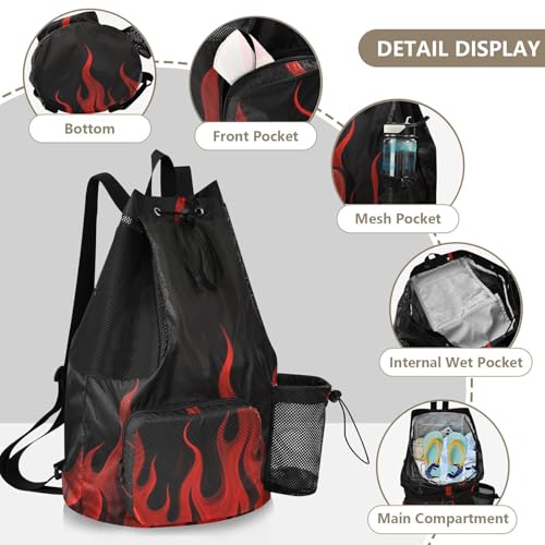 Drawstring Gym Sackpack With Water Bottle Pocket Drawstring Gym Bags For Men Women with Wet Dry Compartments Cool Flame Red