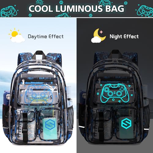 DIGOBAY 3PCS Cool Luminous Clear Backpack for Boys Kids, Gamer Clear Bookbag for School, See Through PVC Transparent Backpacks with Lunch Bag Pencil Case, Backpack Heavy Duty for School Stadium - color: Blue Camo