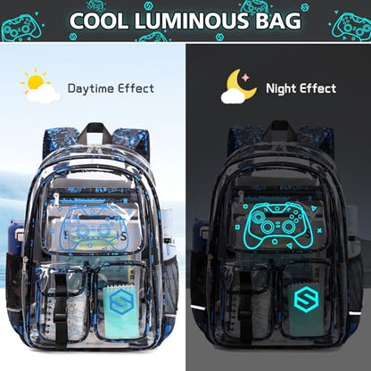 DIGOBAY 3PCS Cool Luminous Clear Backpack for Boys Kids, Gamer Clear Bookbag for School, See Through PVC Transparent Backpacks with Lunch Bag Pencil Case, Backpack Heavy Duty for School Stadium - color: Blue Camo
