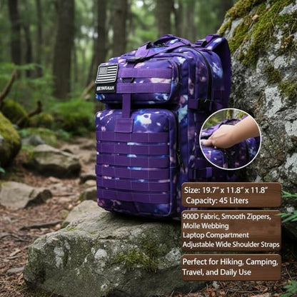 45L Military Tactical Backpack for Men & Women Bug Out Bag Assault pack Molle Daypack Hiking Trekking Rucksack (Purple tie-dye) - color: Purple Tie-dye