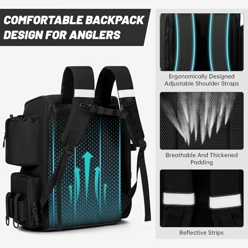 40L Fishing Backpack Water Resistant Fishing Tackle Bag with 2 Rod Holders, Tackle Storage Bag for Anglers(Black,Bag Only) - color: Black