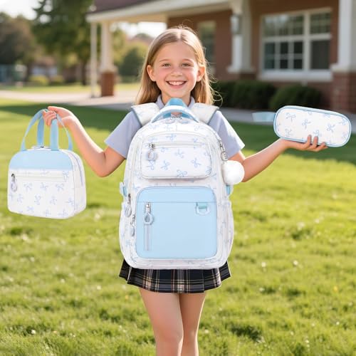 Bevalsa Backpack for Girls 3PCS Teen Girls Bow Backpack for School with Lunch Bag Pencil Case Blue Cute Kids Laptop Backpacks Bookbag for Elementary Middle High School College Student (Bow) - color: Blue Bow