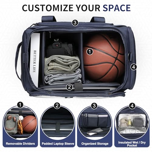 38L Convertible Duffel Backpack, 3 in 1 Gym Bag with Laptop Sleeve, Wet Pockets & Insulated Bottom, Navy Blue - color: Navy Blue, size: 38L