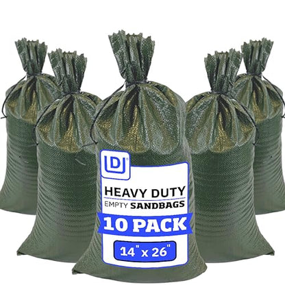 DURASACK Heavy Duty Sand Bags with Tie Strings Empty Woven Polypropylene Sand-Bags for Flood Control with 1600 Hours of UV Protection, 50 lbs Capacity, 14x26 inches, Green, Pack of 10 - color: Green, size: 10 Sandbags