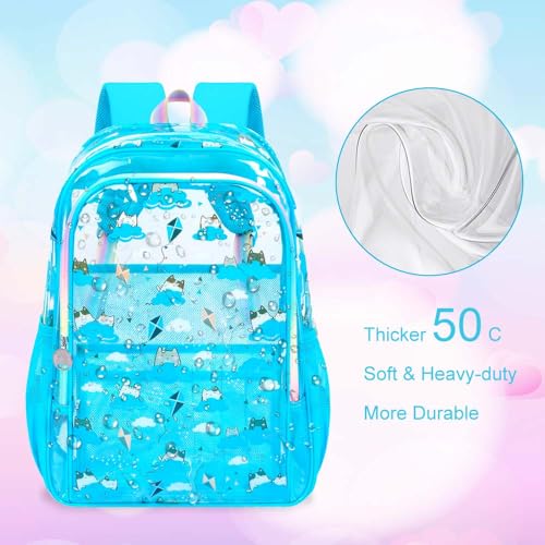 gxtvo 3PCS Clear Backpack Heavy-Duty Set for Women & Teen Girls, 17" Sky Blue Transparent Bookbag with Rainbow Strap, Cute Cloud Cat See Through School Bag - color: Sky Blue Cloud Cat Clear Backpack Set