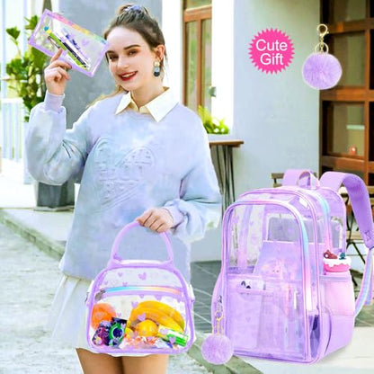 gxtvo 3PCS See Through Backpack Heavy-Duty Set for Women & Teen Girls, 17" Purple Clear Bookbag with Rainbow Strap, Cute Differentiation Love Transparent School Bag - color: Purple Love Clear Backpack Set