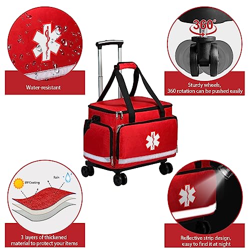 Medical Bag Rolling Roller Bag Trolley Duffel Nurses EMT CNA RN Empty for First Aid Responder Home Health Care Nursing Student Roll Duffle Bag Carry on Wheels Wheeled Work Physicians Doctor - color: Red