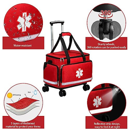 Medical Bag Rolling Roller Bag Trolley Duffel Nurses EMT CNA RN Empty for First Aid Responder Home Health Care Nursing Student Roll Duffle Bag Carry on Wheels Wheeled Work Physicians Doctor - color: Red