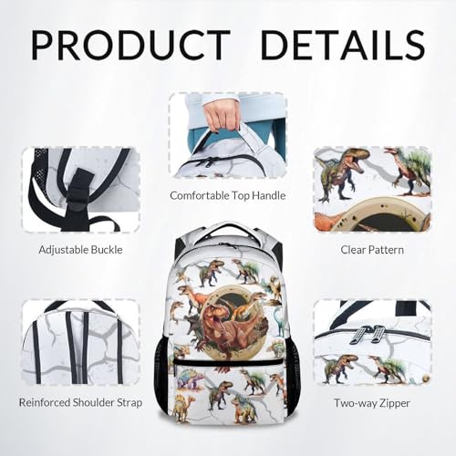 Boys Dinosaur Backpacks Toddler Backpack, 17 Inch Kids Bookbag for Preschool Kindergarten Elementary Dinosaur-Themed School Bag with Adjustable Padded Straps - color: White