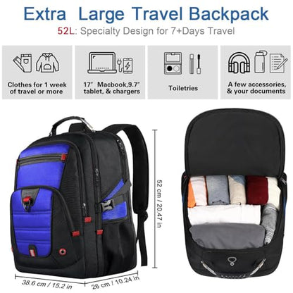 Extra Large Backpack, Travel Laptop Bag for Men, Long-Term Durability Anti-Theft College Backpack, Water Resistant TSA-Approved 17.3 Inch Rucksack Bag, Heavy Duty Business Weekender Bag, Blue - color: Blue, size: 17.3 Inch (20''x15''x10'')