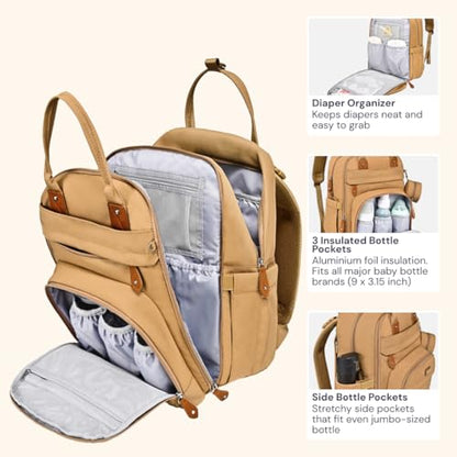 BabbleRoo Diaper Bag Backpack - Baby Essentials Travel Tote - Multi function Water Resistant Diaper Bag, Travel Essentials Baby Bag with Changing Pad, Stroller Straps & Pacifier Case - Unisex, Beige | Baby Essentials Travel Tote - color: Light Brown, size