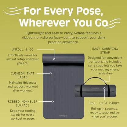 Retrospec Solana Yoga Mat Thick 1/2in Non-Slip Workout Mat with Nylon Strap - 72x24in Exercise Mat for Pilates, Stretching & Fitness - BPA Free, Easy Clean - color: Graphite